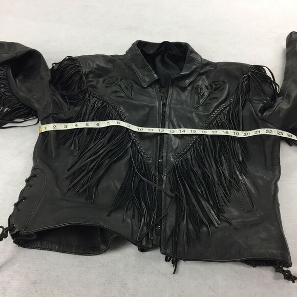 Vintage Leather Motorcycle Jacket Size Large Womens Black Braided Fringe Roses L - Picture 4 of 4